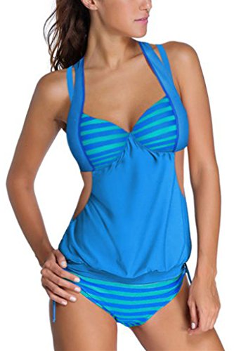 Dokotoo Womens 2pcs Solid Blue Splice Striped Halter Tankini Swimsuit Medium Blue