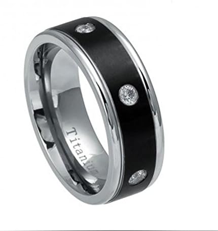 8mm Band Unisex Wedding Engagement Ring Two-tone Silver Black IP Titanium Ring Six White Clear CZs