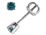 Blue Diamond Solitaire Stud Earrings 1/7 Carat (ctw) in White Gold with Screwbacks