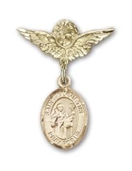 14kt Gold Baby Badge with St. Augustine Charm and Angel w/Wings Badge Pin