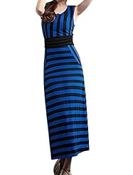 Round Neck Peplum Full Length Cotton/Polyester Sleeveless Vertical Stripe  Dress