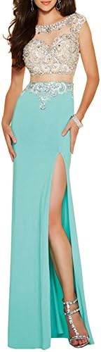 Alinafeng Dress Women's Sexy See Through Cap Sleeve Long Slit Party Prom Dress (4,Aqua)