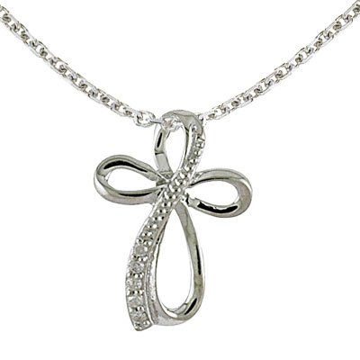 14K White Gold Diamond Cross Fashion Pendant with 18