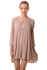 Junior High-Low-Hem Embroidered Gathered Bell Sleeves Cotton/Denim/Metallic/Polyester Tunic 