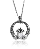 Sterling Silver Marcasite Claddagh w/ Cubic Zirconia Accent Pendant