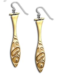 14K Yellow Gold Northwest Coast Native American Salmon Paddle earrings. Made in USA.