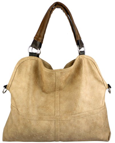 Everyday Free Style Beige Tan Soft Embossed Ostrich Double Handle Oversized Hobo Satchel Purse Handbag Tote Bag