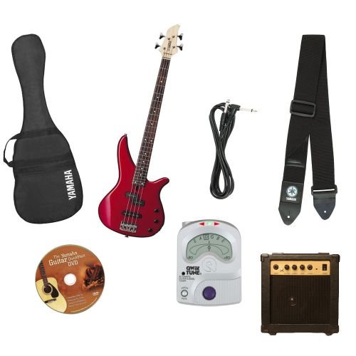 Yamaha GigMaker Electric Bass Package with Amp, Gig Bag, Tuner, Cable, Instructional DVD, and Strap – Red
