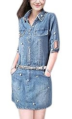  Belted Cotton/Denim  Dress With Pearls