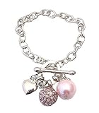 Bracelet - B111 - Pearl, Crystal Ball & Heart Charms ~ Rose