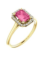 18K Yellow Gold 7.00x5.00mm Emerald Cut Pink Tourmaline and Diamond Halo-Style Ring -- LIFETIME WARRANTY
