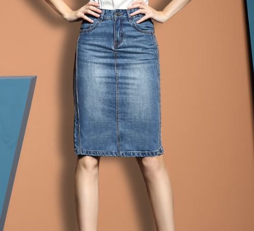 (ALLURE) デニム スカート タイト ペンシル スリット ひざ丈 ブルー ライトブルー AF0510