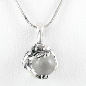 Three Dimensional Double Frog Pendant in Sterling Silver with Quartz Crystal Stone on an 18" Sterling and Rhodium Snake Chain, #8707