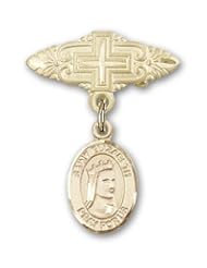 14K Gold Baby Badge with St. Elizabeth of Hungary Charm and Badge Pin with Cross