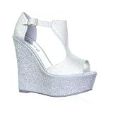Womens Glitter Metallic T Bar Wedge Heel Sandals