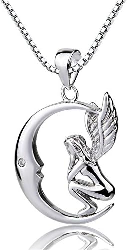 Sterling Silver Fairy with Angel Wings Face to Moon Pendant Necklace, 18''