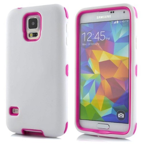QIBOX® Armor Hybrid Soft Silicone PC Hard Back Case Cover for Samsung Galaxy S5 (White+Rose)