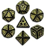 Q-Workshop Polyhedral 7-Die Set: Carved Elven Elvish Dice Set (Black with Yellow)