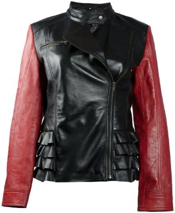 FactoryExtreme Retro Relive Womens Black w Red Sleeves Biker Leather Jacket, Small, Black