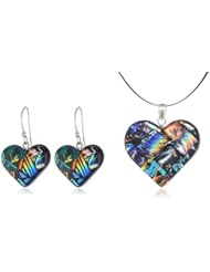 Sterling Silver Dichroic Glass Dark Multi-Colored Heart-Shaped Pendant Necklace and Earrings Set, 18"