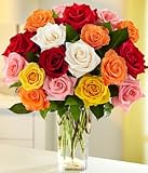 Roses - Dozen Assorted Rose Flowers + 6 FREE with Vase