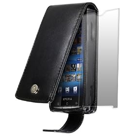 SONY ERICSSON XPERIA X10 LEATHER FLIP CASE - BLACK, WITH SCREEN PROTECTOR PART OF THE QUBITS ACCESSORIES RANGE