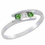 10K Gold Round 3 Stone Channel Set Diamond and Emerald Accented Ring (0.25 ctw)