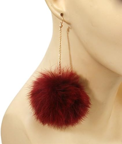 Belle Pink Gold Plated Super Soft Pom Pom Ball Drop Earrings (Burgundy)