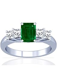 18K White Gold Emerald Cut Emerald Ring With Sidestones