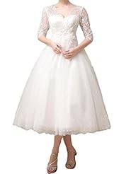 V-neck Elbow Length Sleeves Chiffon Lace Tea Length Evening Dress/Prom Dress/Party Dress 