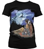 Howling Wolf Spirit Native American Squaw Juniors T-shirt, American Indian Princess With Wolf Pups Juniors Shirt