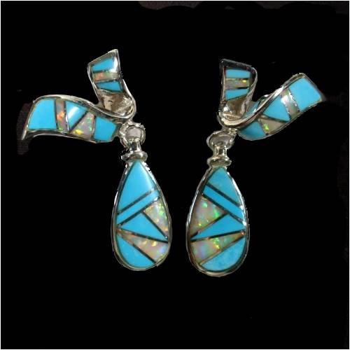 Click here to buy Turquoise and Opal Sterling Silver Earrings by Al Zuni Global Jewelry.