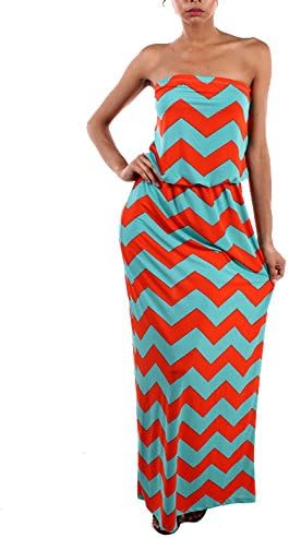 Women's Chevron Maxi Dress Strapless Coral and Mint Size: Medium