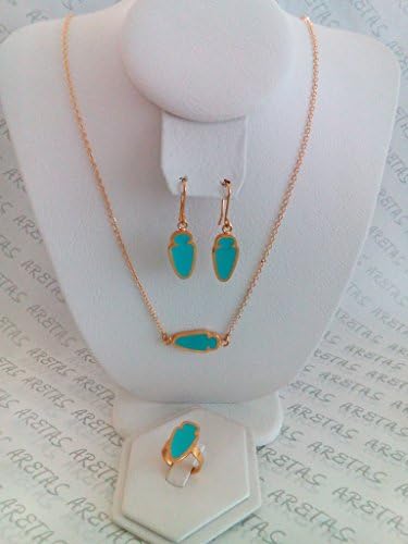 Set of Necklace and Earrings Plated in 14k Gold Ring Arrowhead Turquose