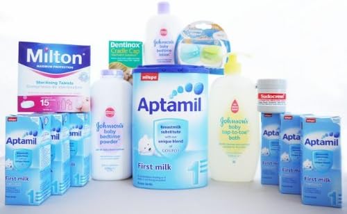 First Baby's Little Kit of Everything - Treat for the Troops - Gift Ideas - Aptamil First Milk 900g, Milton Sterilising Tablets, Johnson Baby Bedtime Powder, Cradle Cap Shampoo, Johnson Baby Bedtime Lotion, Johnson Top to Toe Bath, Tommee Tippee Dual Dummy, Sudo Cream, 6 X Ready to Feed Aptamil First Milk 200ml,