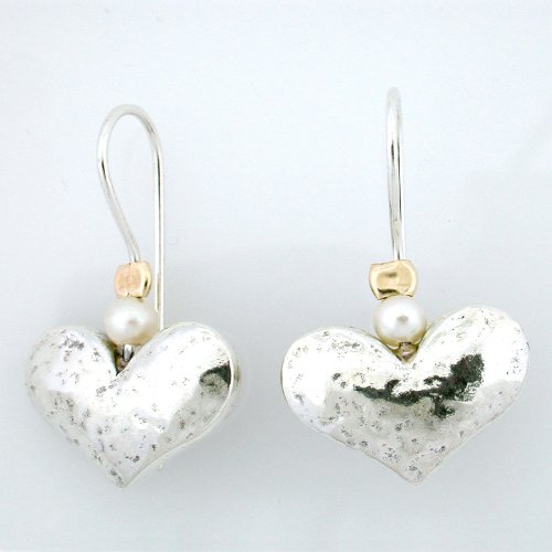 Jewish Jewelry 925 Sterling Silver Earring SET. 2 x 4mm Round White Fresh Water Pearl and 2 x 3mm Gold Filed Beads. Hammered Heart, Hook Earrings with locking back. Custom Handmade in Israel by Bili Silver. Great Gift for: Wedding, Bridesmaid, Bat Mitzvah, Engagement, Graduation, Mother's Day, Bithday, Anniversary and Valentine. Gift Box Included.