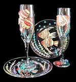 Angel Fish Design - Hand Painted - Matching Set of Toasting Flutes - 6 oz. & 7 inch Cake Plates