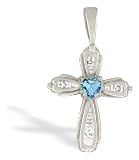 14K White Gold Genuine Heart Blue Topaz and Diamond Cross Pendant