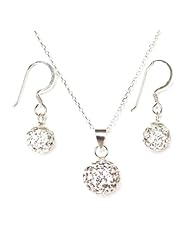 DECORUM JEWELLERY Beautiful Sparkling Clear Shamballa Pave Crystals & Sterling Silver 925 Necklace and Drop Earring Set. FANTASTIC GIFT! (BIRTHSTONE FOR APRIL)