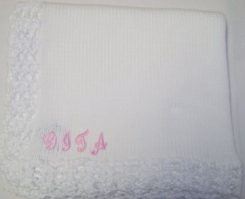 Knitted on Hand Knitting Machine White Chenille Finished By Hand Crochet Infant Boys and Girls with Customer Chosen Pink Monogram Letter Large 32 Inch By 46 Inch Gita Blanket