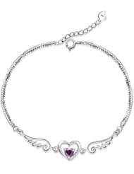Honeystore Girls Swiss Diamond 925 Sterling Silver White Gold Plated Wing Link Bracelet Color White Purple Length 7.87 inch