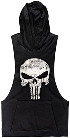 Athletic Men's Gym Tank Top Cotton Skull Printed Fitness Bodybuilding Vest（L, Black)