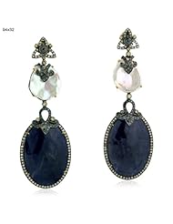 New Year Blue Sapphire & Pearl Dangle Diamond Pave Earrings 18kt Gold & Silver Jewelry