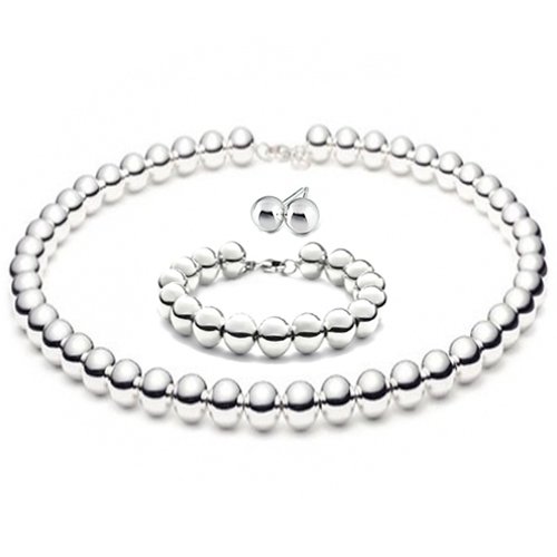 Bling Jewelry 925 Silver Bead Necklace Bracelet and Earrings Set 10mm