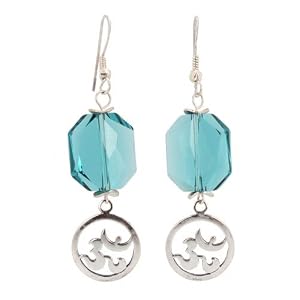 Large Teal Blue Geormetric Swarovski Crystal Bead and Sterling Silver Om (Aum) Dangle Earrings, #7466
