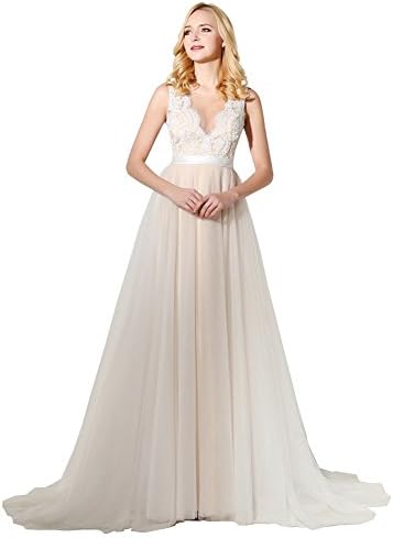 Magydre Women's Sheer Scoop Neck Appliques A Line Evening Party Dress Tulle Champagne US16