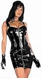 BLACK PVC VINYL ZIP FRONT SEXY LADIES MINI DRESS BLACK (XL) INCLUDES FISHNET PVC TOP STOCKINGS