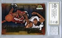 2003/04 Upper Deck Freshman Season #34 Lebron James ROOKIE with Piece of Authentic Lebron James Game Used High School Jersey Graded BGS BECKETT 10 MINT GGUM Card