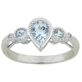 10k White Gold Pear Shaped Aquamarine 3-Stone Ring with Diamond-Accent, Size 5 by