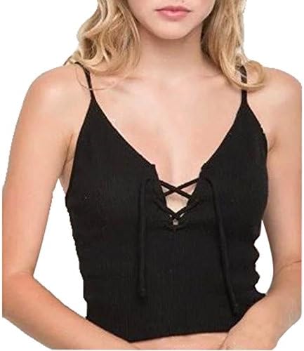 EagleUS Knitted Cross Lace Up Short Vest Slim Camisole Tank Tops(Black)